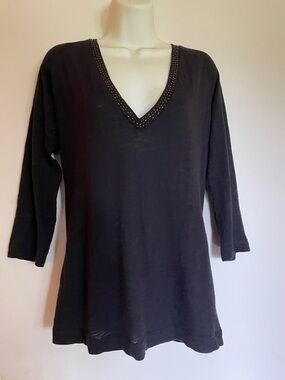 American Rag Black V-Neck Women's medium Studded Trim Sexy deep V 3/4 sleeve
